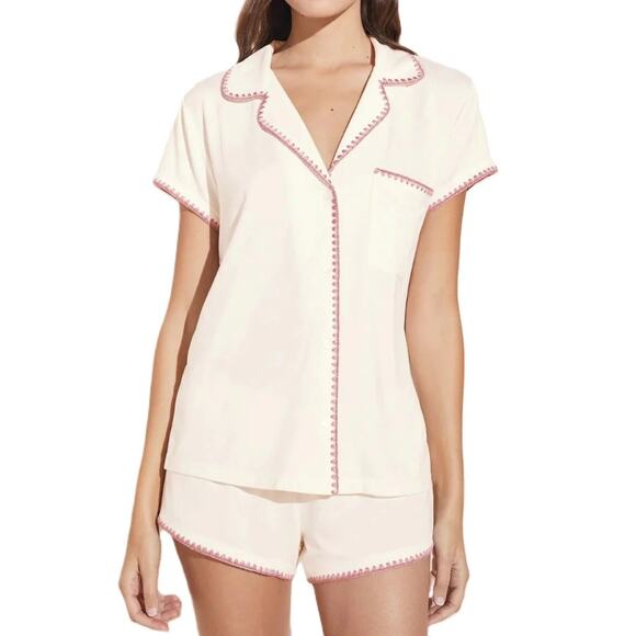 EBERJEY Women's Frida Shortie Short PJ Set Small White Pink TENCEL Modal EUC - Picture 1 of 13